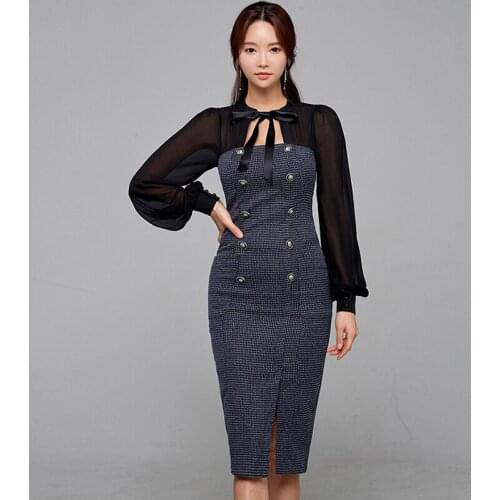 Fashion women patchwork sexy elegant formal dress new arrival slim high quality chiffon perspective sleeves spring pencil dress