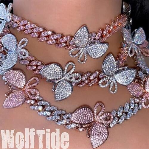 12mm Hip Hop Cuban Link Chain Butterfly Choker Necklace for Women Pink Rose Gold Rhinestone Crystal Pendant Gothic Jewelry Gift