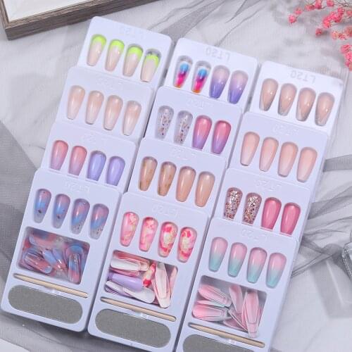 24Pcs/Set Detachable Long Coffin Artificial Fake Nails European Rainbow Ballerina Full Cover Nail Art Tips Colorful Beauty Tools