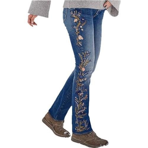 New Fashion Clothes Women Denim Pants Straight Long Jeans Flowers Embroidery Mid-waist Ladies Legging Trousers