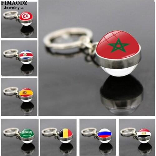 FIMAODZ North Africa Flag Keychain Tunisia Morocco Spain Russia Saudi Arabia Brazil Metal Key Chain Car Glass Ball Keyring Gift