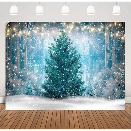 Winter Snowflake Photography Backdrop for Photo Studio Blue Christmas Portrait Background Photocall Bokeh Glitter Pine Forest