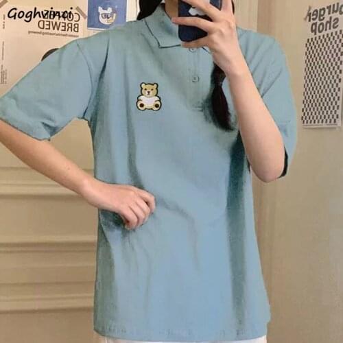 Short Sleeve T-shirts Women Loose Kawaii Embroidery Turn-down Collar Tops Female Japanese Style All-match Harajuku Casual Teens