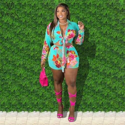 VAZN 2021 hot sale summer women street casual style long sleeve lapel top elastic short pants printed two piece sets