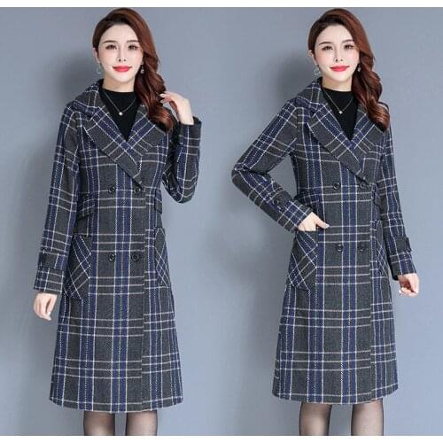 Middle-aged Mothers Plaid Jacket Fashion Slim Temperament Long Woolen Coat Double-breasted Female Warm Windbreaker Overcoat