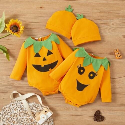 0-18M Cute Newborn Baby Boy Girl Long Sleeve Print Halloween Romper Jumpsuit Hat 2PCS Baby Clothes