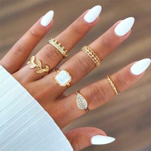 6 Pcs Set Fashion Bohemia Leaf Crystal Crown Womens Ring Set Midi Ring Ornament for Women Girl Knuckle Ring New Jewelry