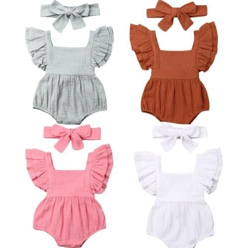 2020 Summer Newborn Baby Girl Boy 2PCS Summer Fly Sleeves Clothes Ruffle Linen Bodysuit Hairband Casual Cute Outfits