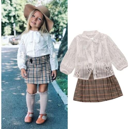 Fashion Cute Toddler Kid Baby Girl Lace Floral White Shirt Blouses Plaid Skirt 2pcs Fashion Princess Girls Outfits Clothes Set
