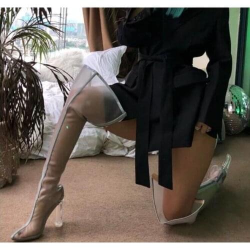 New Arrivals Thick-heeled Mesh Knee High Boots Pointed Toe Transparent Chunky Heels Women Tight High Boots Yellow Plus Size 43