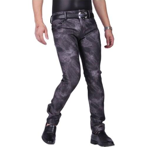 Sexy Men Pants PU Thick Warm Punk Elastic Tight Trousers Camouflage Shiny Pencil Pants Glossy Stage Jeans Plus Size Joggers F118