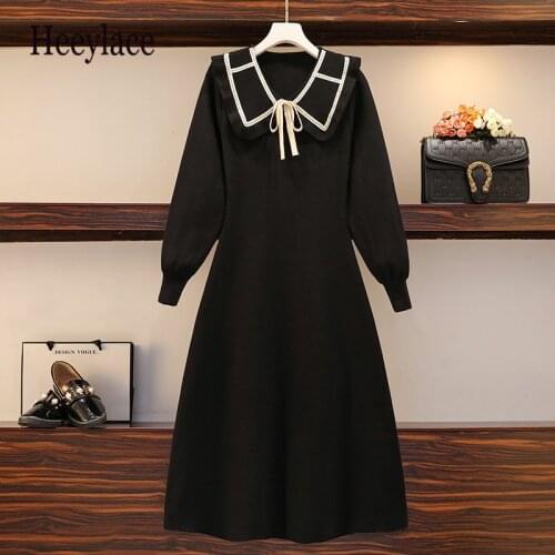 Plus Size Women Knitt Dress French Soild Autumn Winter Long Sleeve Bow Elegant Doll Colar Korean Dresses Women Vestidos
