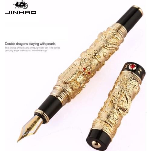 JINHAO Vintage Fountain Pen Double Dragon Playing Pearl, Metal Carving Embossing Heavy Pen Gold & Black for Collection