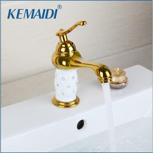 KEMAIDI Diamond Crystal Body Single Handle Bathroom Sink Mixer Tap Bathroom Faucet Gold Finished Bathroom Faucets Deck Mounted