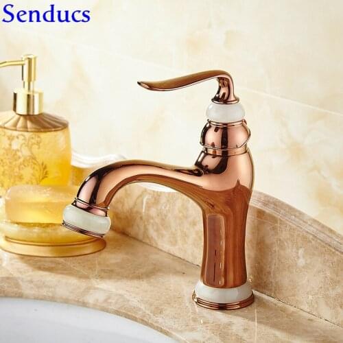 Senducs Rose Gold Bathroom Mixer Tap European Jade Stone Bathroom Basin Faucet Quality Brass Bathtoom Basin Mixer Tap
