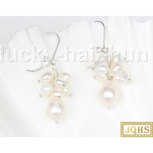 JQHS stylish Dangle 1.5" Baroque white pearls Beaded Earrings 925s silver hoop j11626