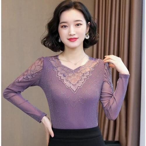 Women 2021 Autumn Winter M-4XL Plus Size Tops Female Lace Bottoming Shirt Ladies V-neck Long-sleeved New Mesh Top Shirt X212