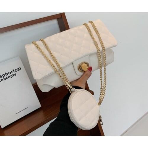 Fashion Diamond Chain Shoulder Bag Women Trend Design Simple Solid Color Crossbody Bag Female PU Leather Handbag and Coin Purse