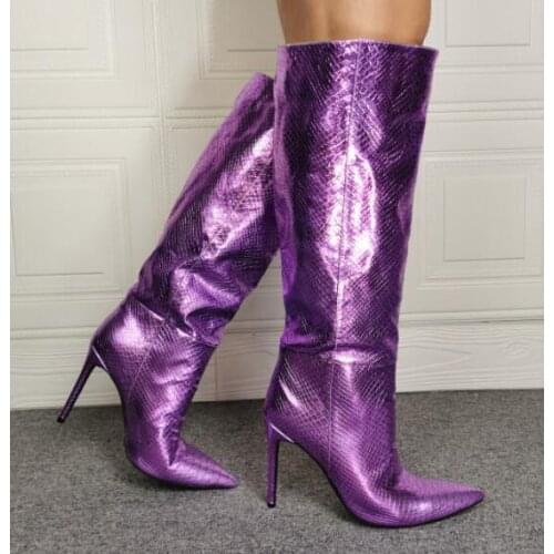 Moraima Snc Pointed Toe Snakeskin leather Knee High Boots Women Sexy Thin Heels Party Dress Shoes Big Size Long Boots