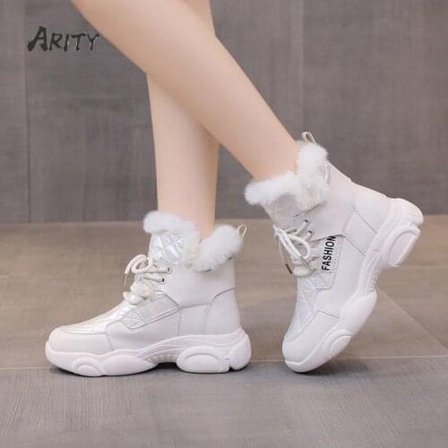 Women Winter Shoes Waterproof Snow Boots Velvet Thickening 2021 All-match Mid-heel Non-slip Leather Martin Boots Wedges Sneakers