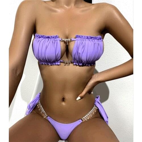 Womens Bathing Suits Sexy Crystal Diamond Pendant Bikini Set Swimsuit Pleated Swimwear Biquinis Feminino Beach Wear Tankini