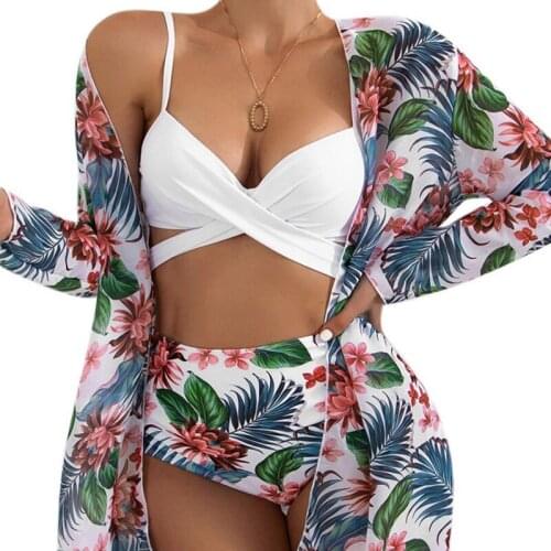 Three Pieces Set Bikini Suit Push Up Floral Wrap Swimsuit Women Sexy Beach Bathing Suits Ladies Summer Casual Swimwear