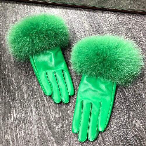 Winter warm women genunie leather gloves ladies mittens with fox fur female gloves