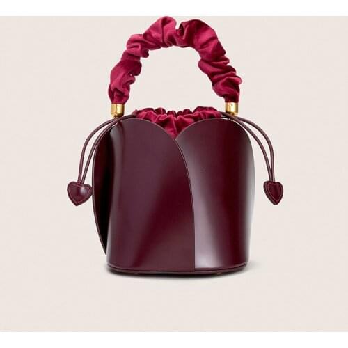 2020 New Design Women Split Leather Small Bucket Bag Velvet Handle Totes