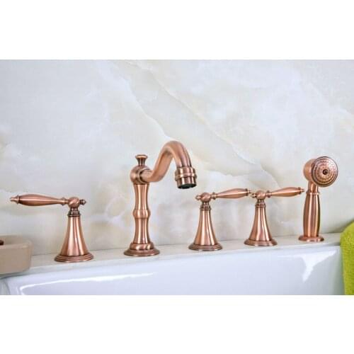 Antique Red Copper Brass Widespread Three Handles Deck Mounted 5 Holes Bathroom Tub Faucet Mixer Tap With Handshower mtf219