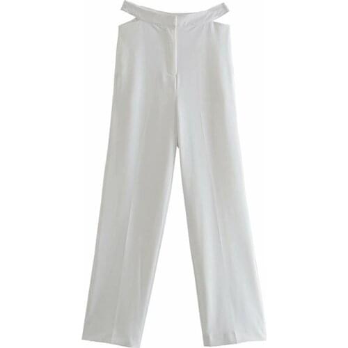 DOUJILI White Elegant Loose Trousers Ladies Office Pocket Fashion High Waist Pure Color Casual Women Pants