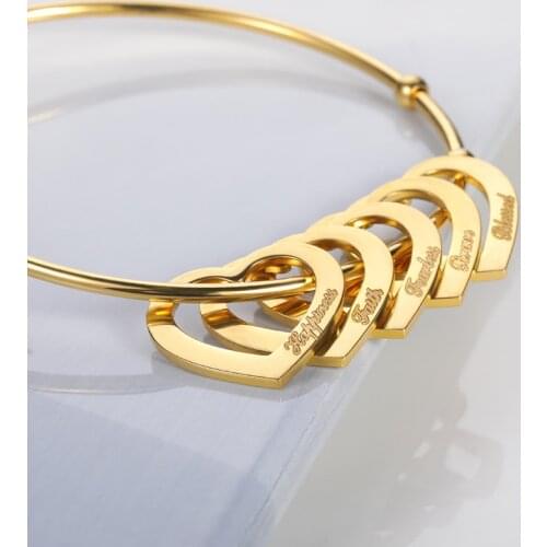 Engraved Family Members Name Bracelets For Women Stacked Heart with Name Bangles Stainless Steel Customized Jewelry Couple Gifts