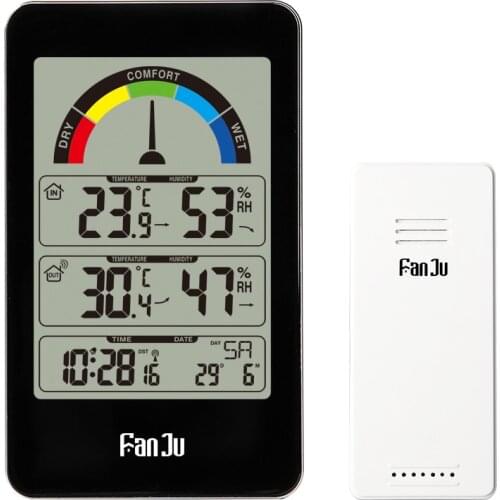 FanJu 3356 Weather Station Clock with Outdoor Sensor Indoor Outdoor Temperature Humidity Alarm Clock with Thermometer
