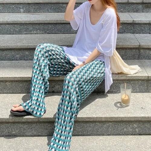 Plaid Pants Summer Ice Silk Baggy Wide Leg Pants Thin Aesthetic Casual Loose Trousers Female High Waist Korean Fashion Women