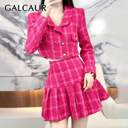 GALCAUR Print Gingham Two Piece Set Womens Lapel Collar Long Sleeve Tops High Waist A Line Mini Skirts Vintage Suits Female 2021