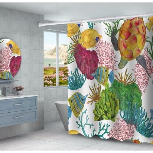 Colorful Fish and Plant Shower Curtain Set with 12 Hooks Bathroom Decoration