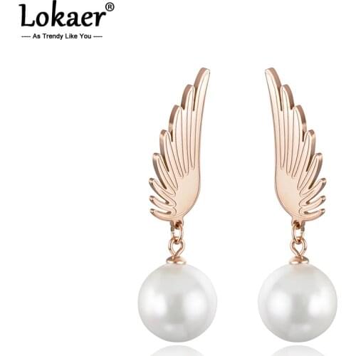 Lokaer Classic Titanium Steel Angel Wings Earrings Jewelry Rose Gold Color Simulated Pearl Stud Earrings For Women E18035