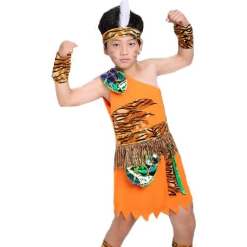 Boy Halloween Cosplay Costume Children Wavage Caveman Costumes Boy leopard Flintstone African Tribal Hunter Indian Clothing girl