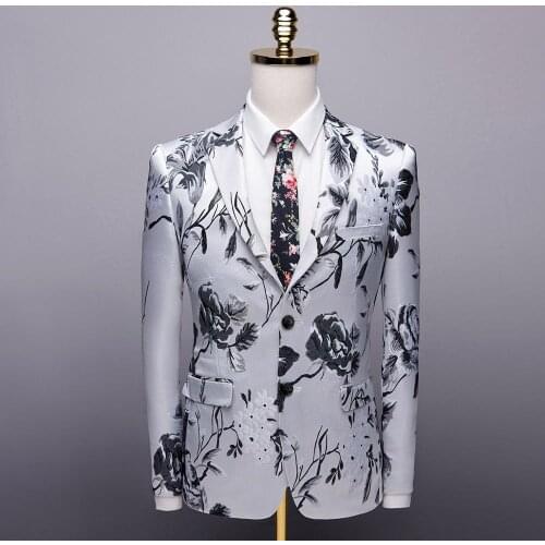 Male Suit Blazer Flower Print Wedding Suit Festival Blazers For Men Stage Costumes Singers Slim Fit Jacket Korean Blazers SL1626