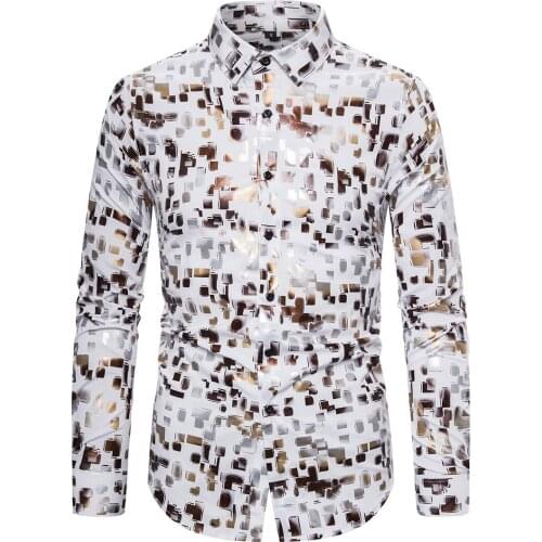 New casual mens long-sleeved shirt digital bronzing printing stretch shirt