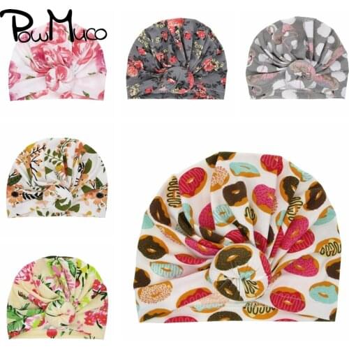 Powmuco 20*17.5 CM Fashion Cartoon Animals Pattern Infant Hat Vintage Printed Donut Baby Girls Caps Toddler Turban Birthday Gift