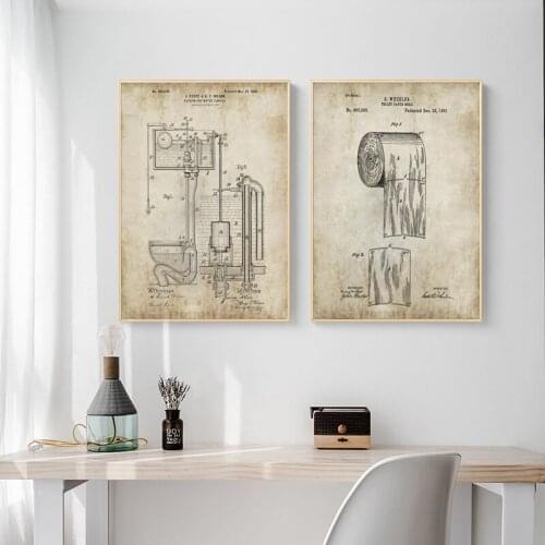 Retro Poster Bathroom Ware Patent Flush Toilet Paper Toilet Lid Patent Vintage Wall Art Canvas Painting Washingroom Decor