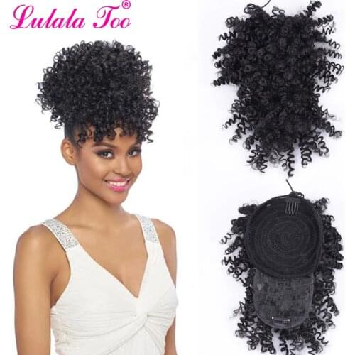 Synthetic Fake Afro Kinky Curly Drawstring Ponytail With Bangs Wig Hair Bun Chignon Clip in Pony Tail Hair Extension