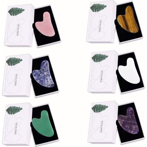 Natural Rose Quartz Gouache Scraper with Box Face Massager Real Jade Stone GuaSha Massage Tools Body Facial Jade Massager Set