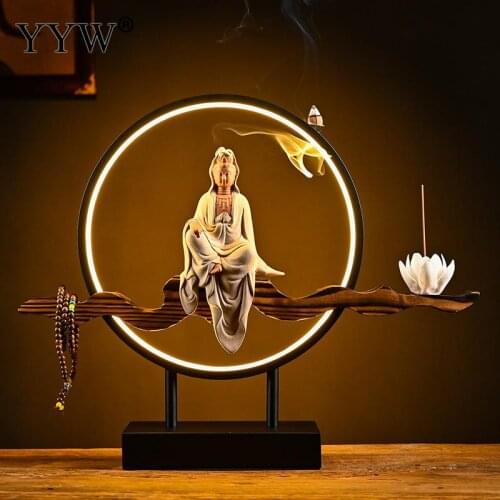 Light Circle Guanyin Bodhisattva Creative Backward Flow Ceramic Incense Burner Home Furnishing Decoration Incense Sticks Holder