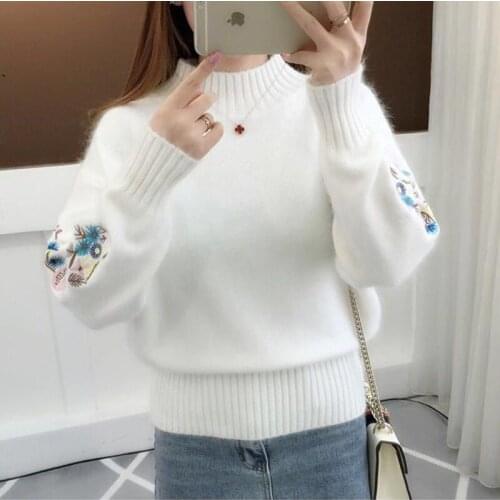 Womens Cored Yarn Turtleneck Sweater Autumn Short Embroidery Sweater Long Sleeve Pullover
