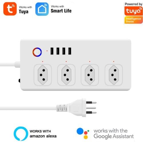 Tuya Smart WiFi Plug Brazil Smart Socket Power Strip 1.5m Extension Cable Smart Life Control Work With Alexa & Google Assistant