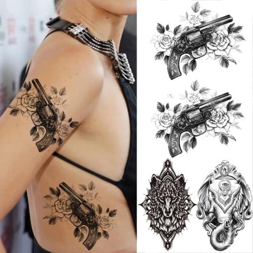 Sexy Gun Flower Temporary Tattoos For Women Men Adult Black Fake Wolf Tribal Elephant Tattoo Sticker Waterproof Body Art Tatoos