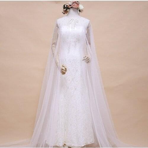 Women Ivory Long Pearls Cloak Wedding Bridal Jackets Cape Custom Top Lace Sheer Tulle Elegant Wedding Cape toreras y boleros J08