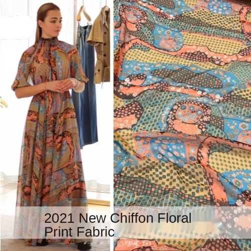 Spring and summer new chiffon geometric pattern orange blue digital printing skirt womens fabric cloth sewing fashion diy