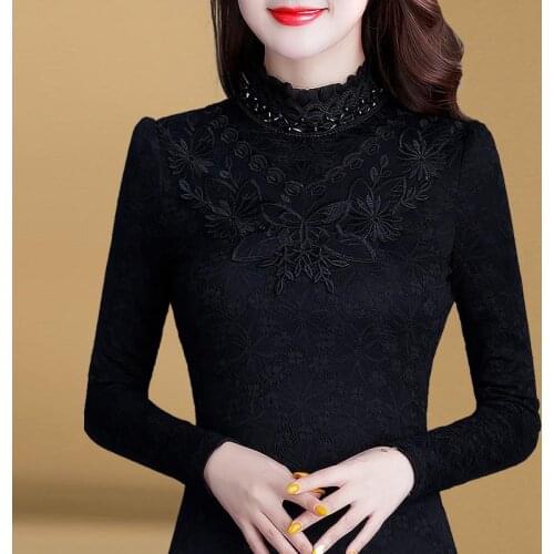Womens Turtleneck Lace Long Sleeve Top Fashion Mesh Shirt Womens Long Sleeve Solid Color Womens Elegant Tops DD8257